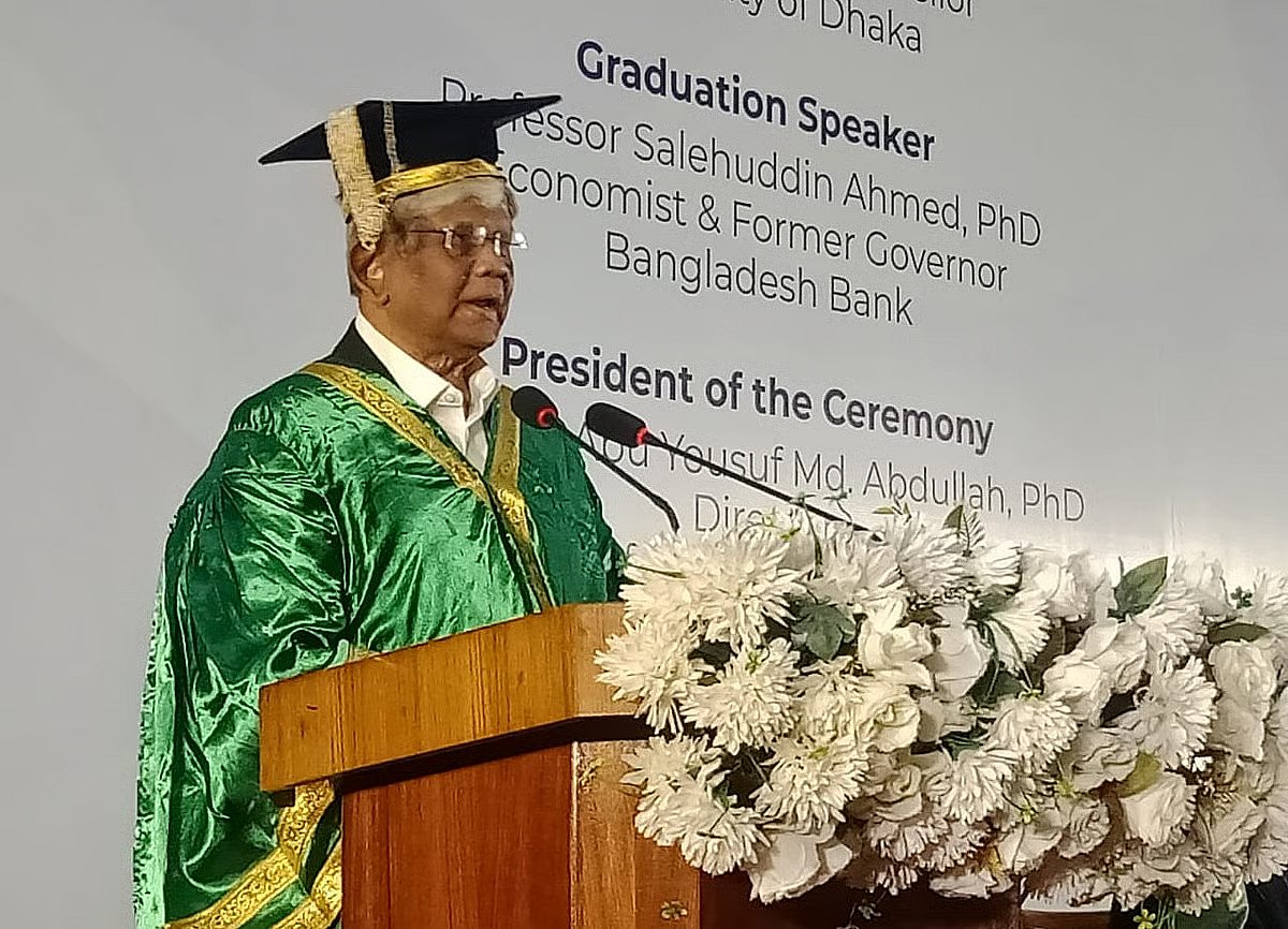 Salehuddin Ahmed, Finance Adviser to the immediate past interim government, speaks at the 58th Convocation of the Institute of Business Administration, Dhaka University at the Bangladesh-China Friendship Conference Centre, Dhaka, on 15 May 2026