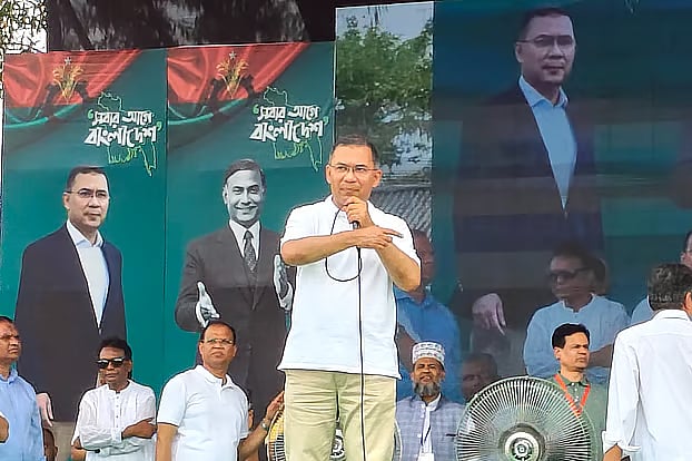Prime Minister Tarique Rahman delivered a speech as the chief guest at a roadside rally at the Lakshmipur Bazar grounds in Barura upazila of Cumilla. The photo was taken Saturday afternoon.