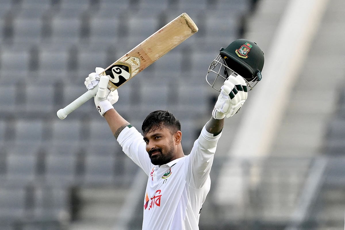 Litton Das celebrates after scoring a century (100 runs) during the first day of the second Test cricket match between Bangladesh and Pakistan at the Sylhet International Cricket Stadium in Sylhet on May 16, 2026