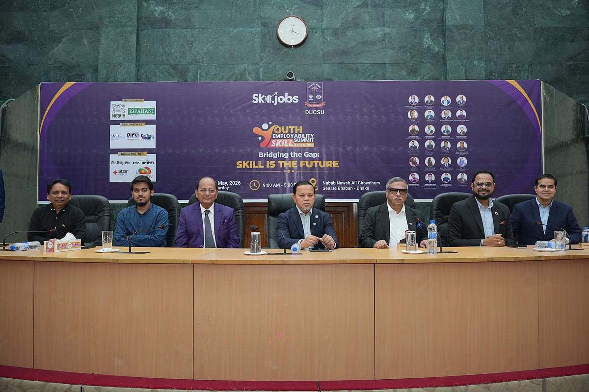 Guests at the ‘Youth Employability Summit 2026’ at the Nabab Nawab Ali Chowdhury Senate Bhaban, University of Dhaka on 16 May 2026.