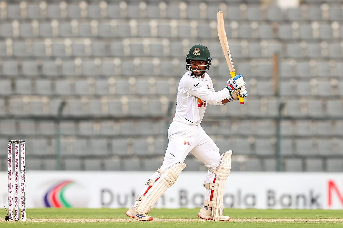 Bangladesh opener Mahmudul Hasan Joy plays a shot on his way to a half century in the third innings of the second Test match against Pakistan at Sylhet International Stadium on 17 May 2026