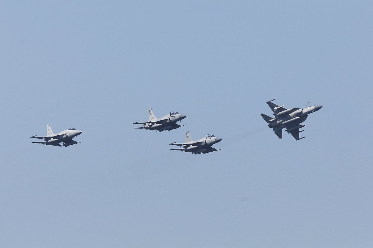 Pakistan Air Force's JF-17 Thunder jets fly past during the sea phase of Pakistan Navy's Multinational Exercise AMAN-23, in the North Arabian Sea near Karachi, Pakistan on 13 February 2023.