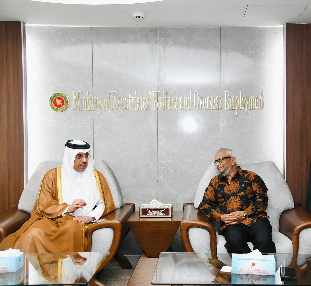 Expatriates' Welfare and Overseas Employment Minister Ariful Haque Choudhury meets Qatar's Labour Minister Ali bin Saeed Samikh al-Marri at the ministry in the capital today, Monday.