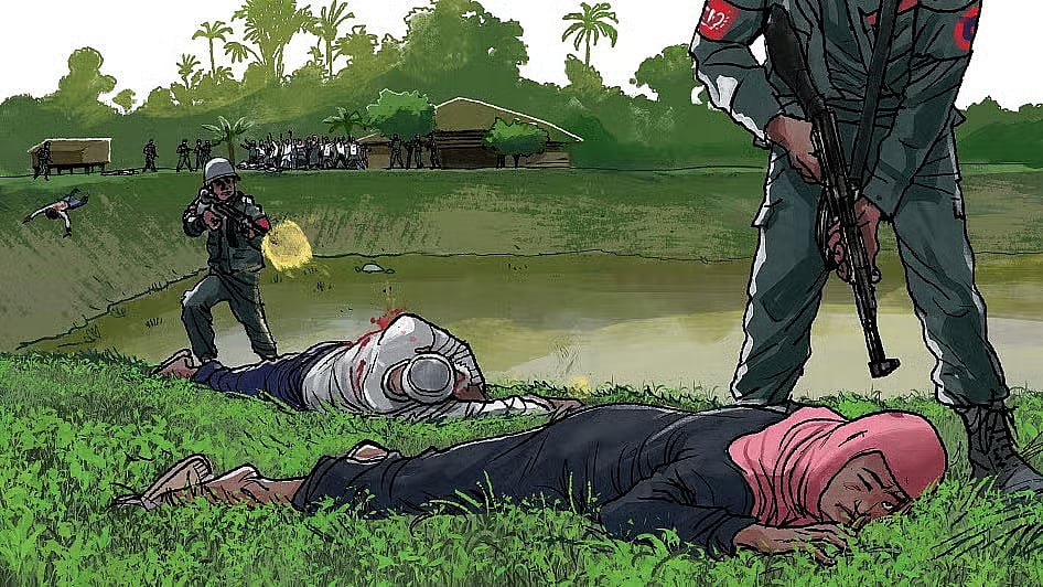 A symbolic depiction of the Rohingya massacre carried out by the Arakan Army in Buthidaung, Myanmar.