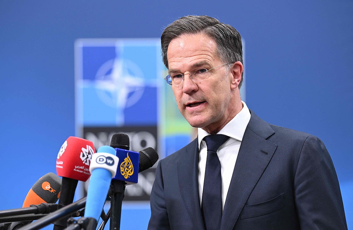 NATO Secretary General Mark Rutte answers journalists' questions as he arrives at the NATO Foreign Ministers' meeting in Helsingborg on May 22, 2026. Foreign ministers of the 32 NATO member states gathered in the Swedish city to finalise preparations for the upcoming Ankara Summit.