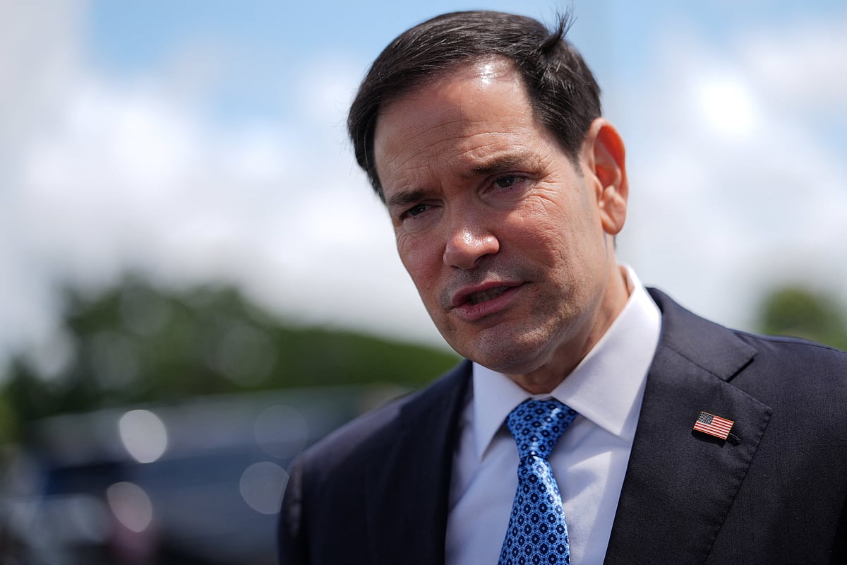 Secretary of State Marco Rubio speaks to the press before boarding his plane at Homestead Air Reserve Base, Thursday, 21 May, 2026.  Rubio is traveling to a NATO foreign ministers meeting in Sweden.