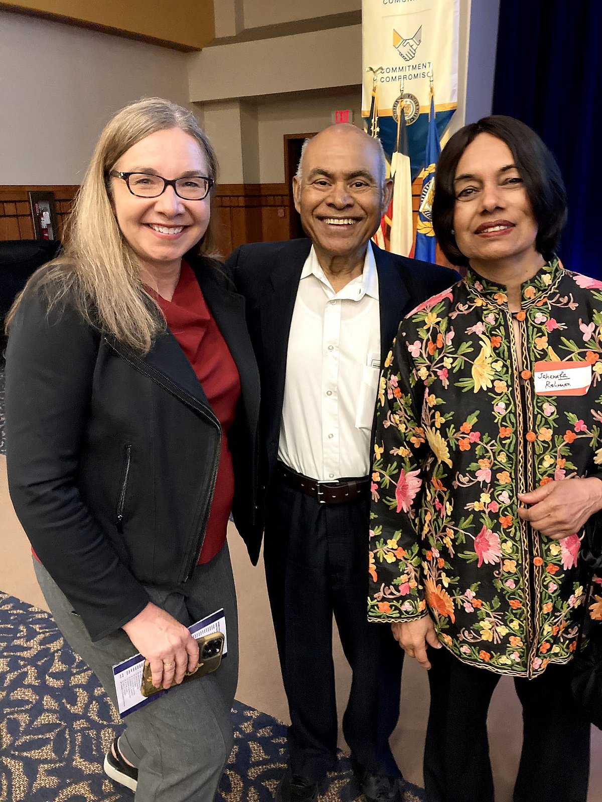 Dr. Hayhoe (left), Fazlur Rahman (centre), and Jahanara Rahman (right) at the Fazlur Rahman and Jahanara Rahman Lectureship at Angelo State University, recognizing the contributions of Bangladeshi women in the diaspora as well.