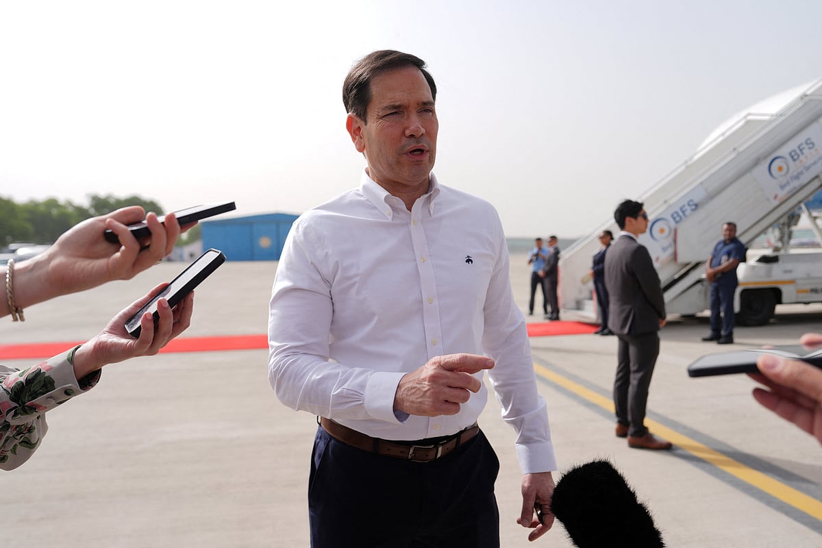 United States Secretary of State Marco Rubio speaks to the journalists before boarding his plane at Indira Gandhi International Airport in New Delhi, India, Monday, May 25, 2026.
