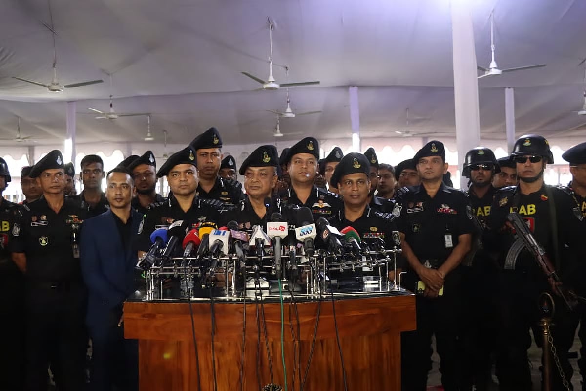 Director General of Rapid Action Battalion (RAB), Additional IGP Md Ahsan Habib Palash speaks to media after visiting the National Eidgah premises in Dhaka on 26 May 2026.