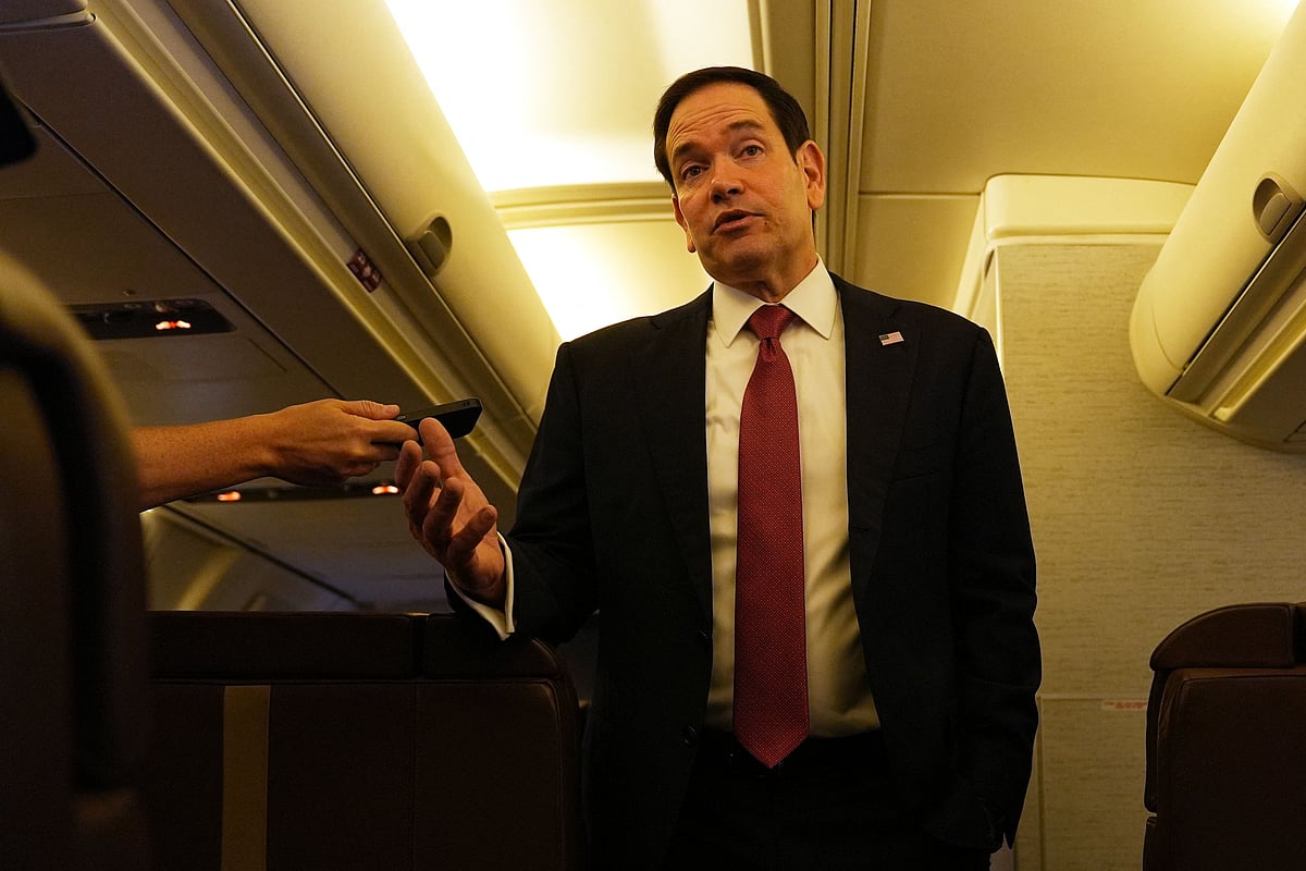 US Secretary of State Marco Rubio speaks to reporters onboard his plane at Jaipur International Airport in Jaipur on 26 May, 2026.