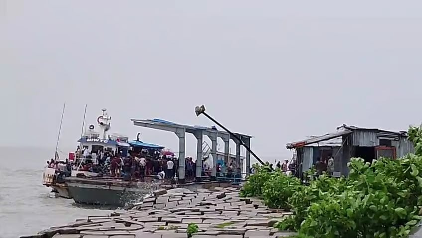 Bangladesh Inland Water Transport Corporation-operated sea-truck Sangu is caught in a storm on the Meghna River in Bhola on 27 May 2026.