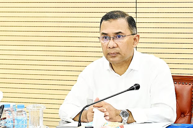 Prime Minister Tarique Rahman speaks at a meeting on easing traffic congestion in the capital