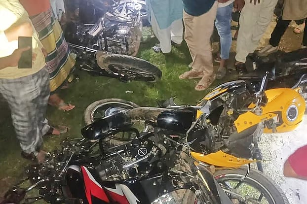 Three motorcycles were mangled in a road accident in Sherpur, Bogura, on Thursday night, leaving two young riders dead.