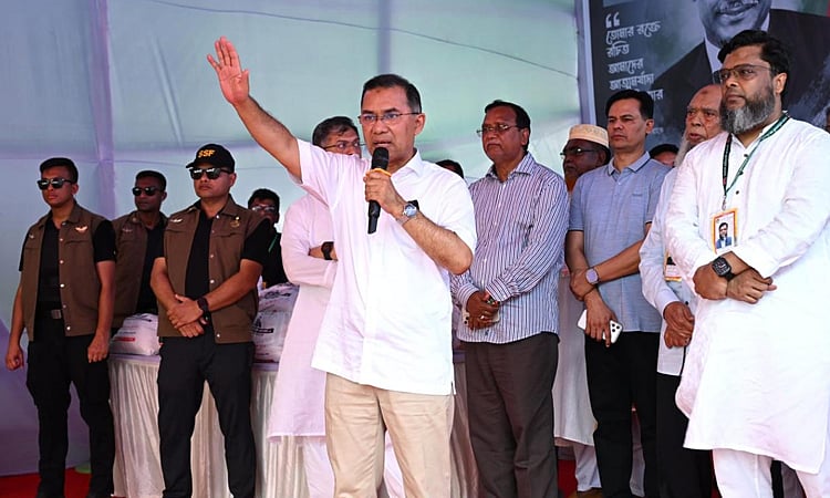 Prime Minister Tarique Rahman speaks at a food and clothes distribution event at Jurain in Dhaka on 30 May 2026 marking the 45th martyrdom anniversary of Shaheed President Ziaur Rahman.