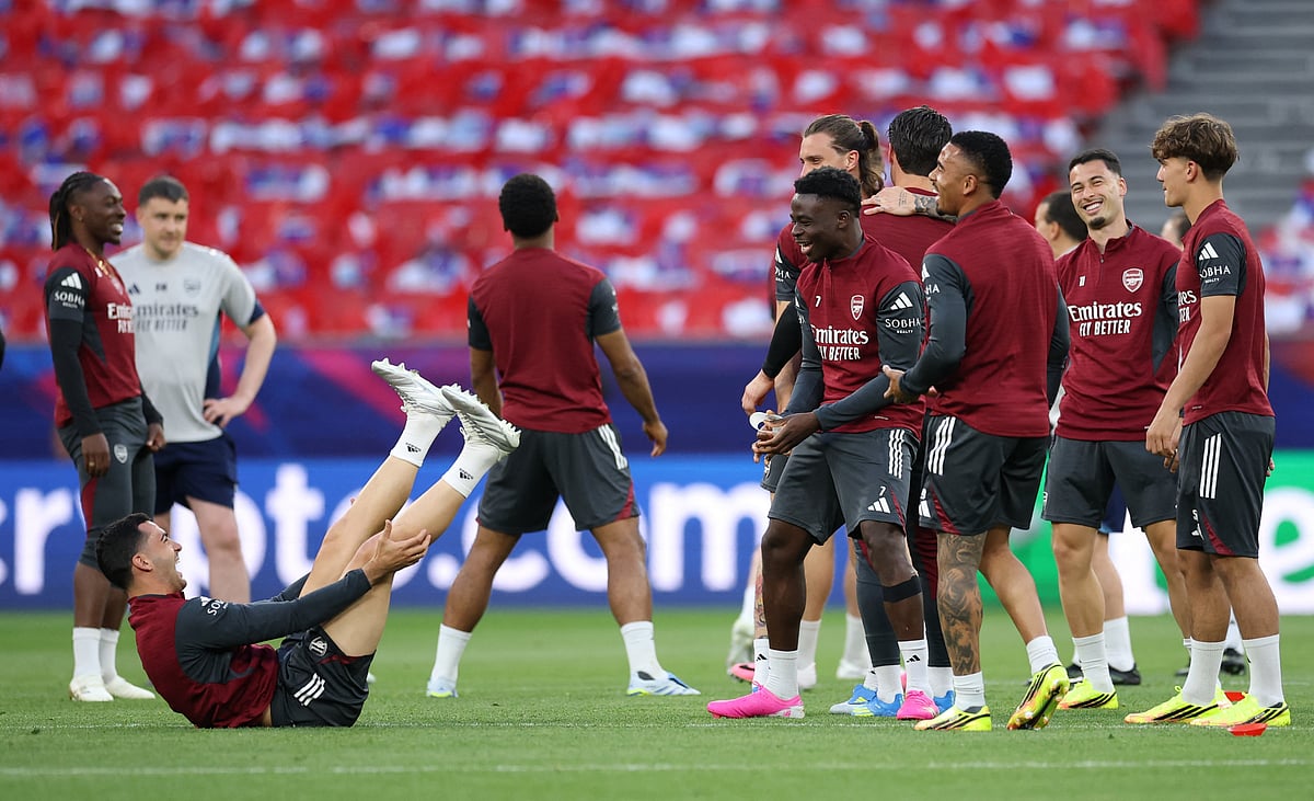 Arsenal's Mikel Merino, Bukayo Saka, Gabriel Jesus, Gabriel Martinelli and Max Dowman during training ahead of the UEFA Champions League Final at the Puskas Arena in Budapest, Hungary, on 29 May 2026.