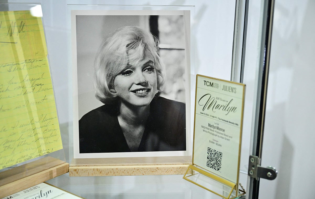 A never-published 1962 black-and-white photograph of Marilyn Monroe by Allan Grant is displayed at Julien's Auctions in Gardena, California, on 27 May, 2026, ahead of the June 4 "100 Years of Marilyn" auction marking what would have been the Hollywood icon's 100th birthday.