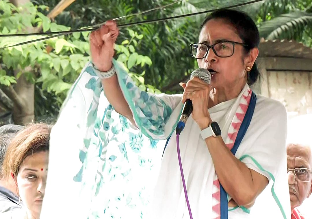 TMC Chief Mamata Banerjee speaks during a protest over post-poll violence, in Kolkata on 2 June 2026
