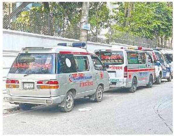Normal microbuses are transformed into ambulances. The photo is taken at gate of Chittagong Medical College Hospital recently 