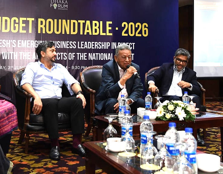The finance minister giving his remarks as chief guest at a roundtable discussion held at a hotel in the capital