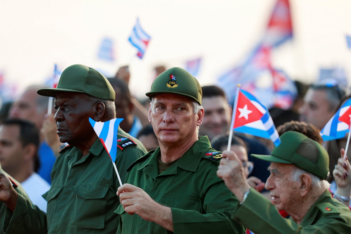 Cuba's President Miguel Diaz-Canel attends a government rally called by Cuban authorities to protest US policies toward the island, including the indictment of the former president, in Havana, Cuba, 22 May, 2026.