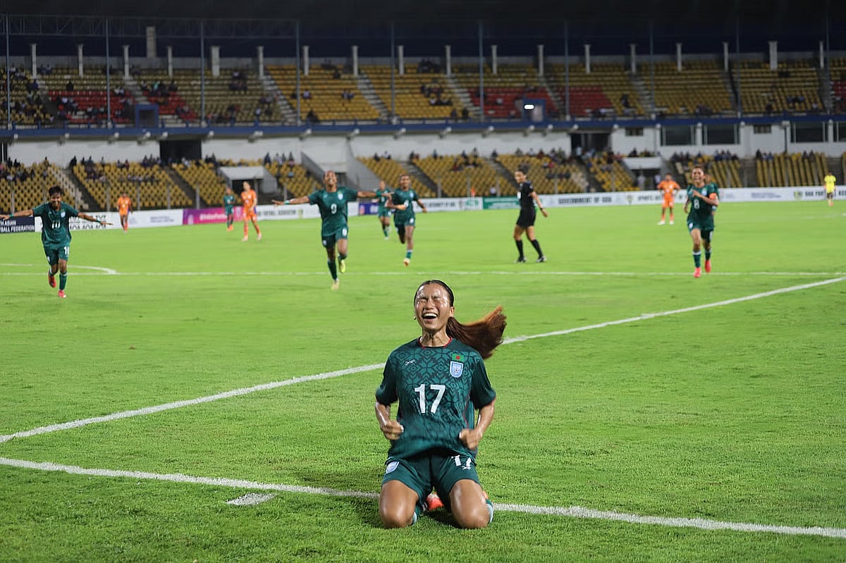 Ritu Porna celebrates scoring equaliser against India in SAFF Women's Championship final on 6 June.