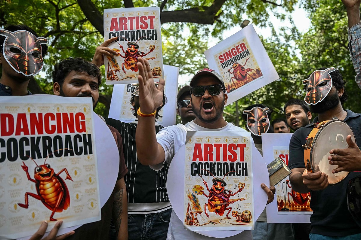 Cockroach Janta Party (CJP) supporters shout slogans during a protest over alleged irregularities in the country's major examinations, in New Delhi on 6 June, 2026.