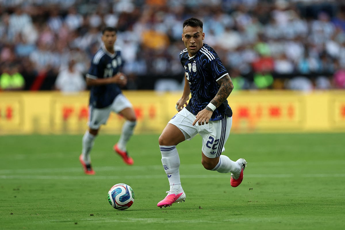 Lautaro Martinez of Argentina runs with the ball during the international friendly match between Argentina and Honduras at Kyle Field on 6 June, 2026 in College Station, Texas.