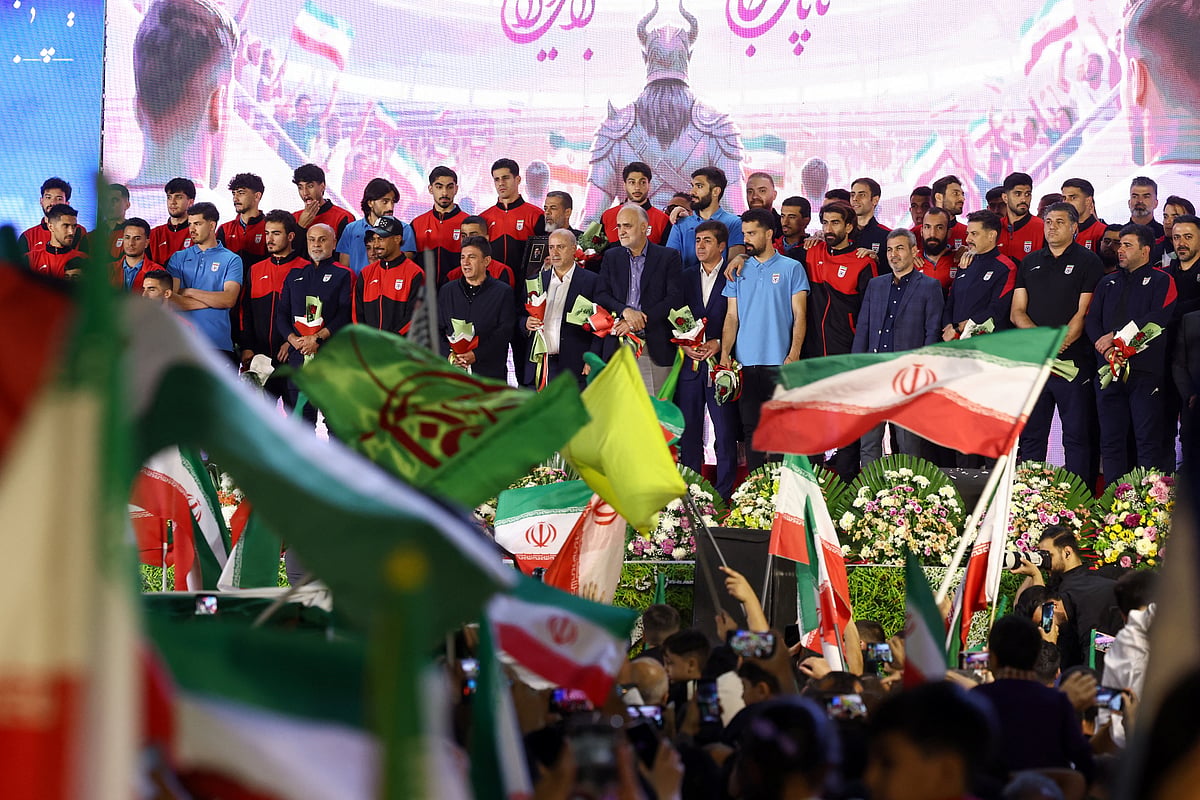 Members of Iran’s national soccer team attend a farewell ceremony ahead of their departure to the 2026 World Cup in Tehran, Iran, on 13 May 2026