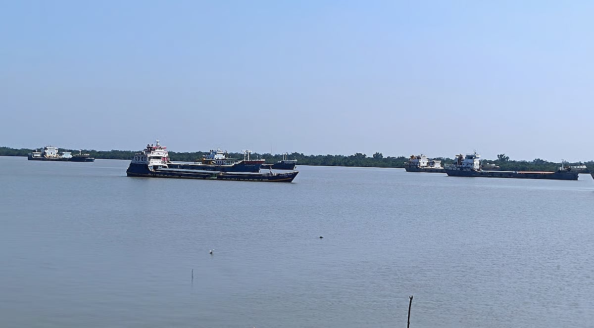 A cargo vessel anchored in front of the Angtihara Customs Station, adjacent to the Sundarbans in Koyra upazila of Khulna. Pirate attacks have recently been reported along this river route. Photo taken recently.