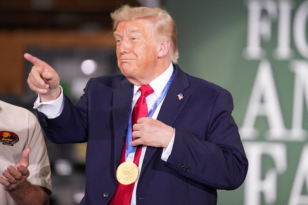 US President Donald Trump gestures as he attends an event at Custer Farms in Chippewa Falls, Wisconsin, US, 5 June, 2026