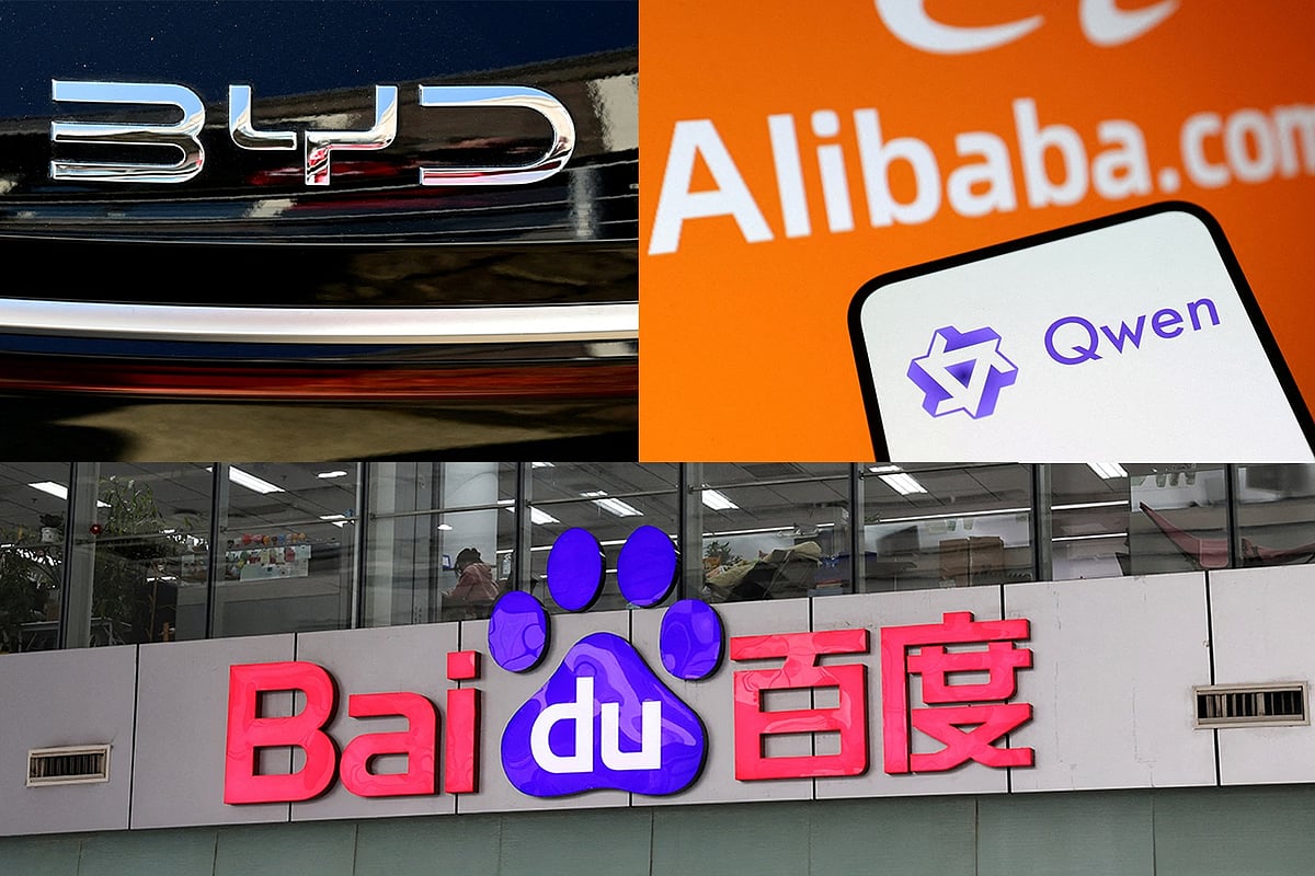 Combination of photos shows logos of BYD, Alibaba and Baidu.