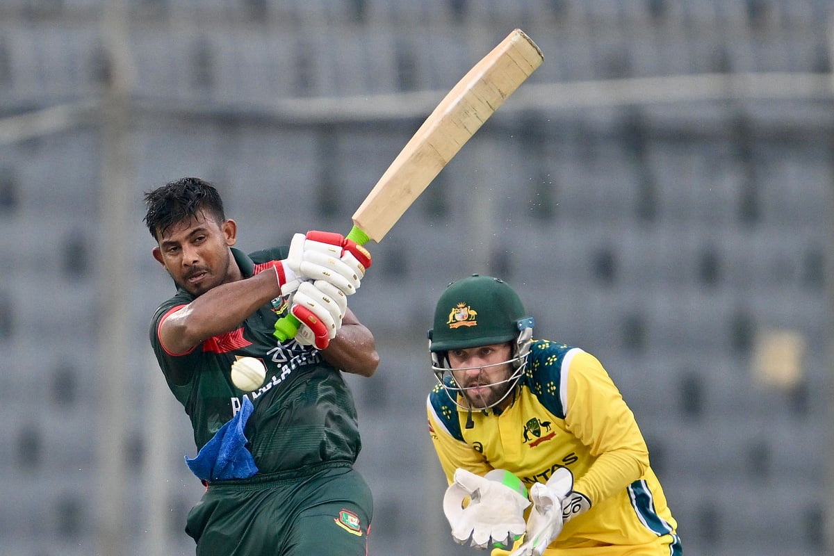 Bangladesh's Mosaddek Hossain plays a shot during the first one-day international (ODI) cricket match between Bangladesh and Australia at the Sher-e-Bangla National Cricket Stadium in Dhaka on June 9, 2026