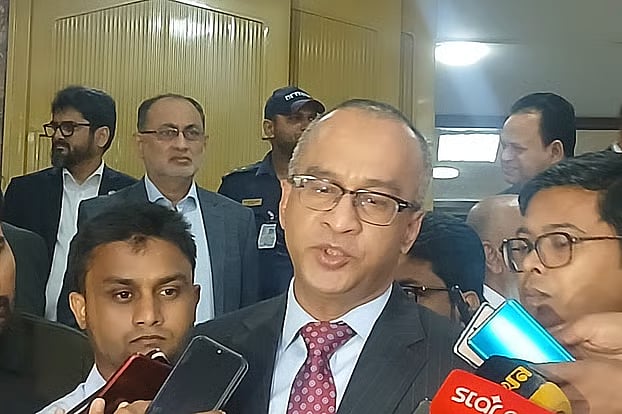 ABB Chairman and Managing Director of City Bank, Mashrur Arefin, speaks to reporters after a meeting with Bangladesh Bank Governor Mohammad Mostakur Rahman, expressing concern over the situation at Islami Bank