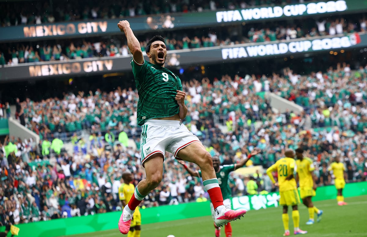 Mexico's Raul Jimenez celebrates scoring goal against South Africa
