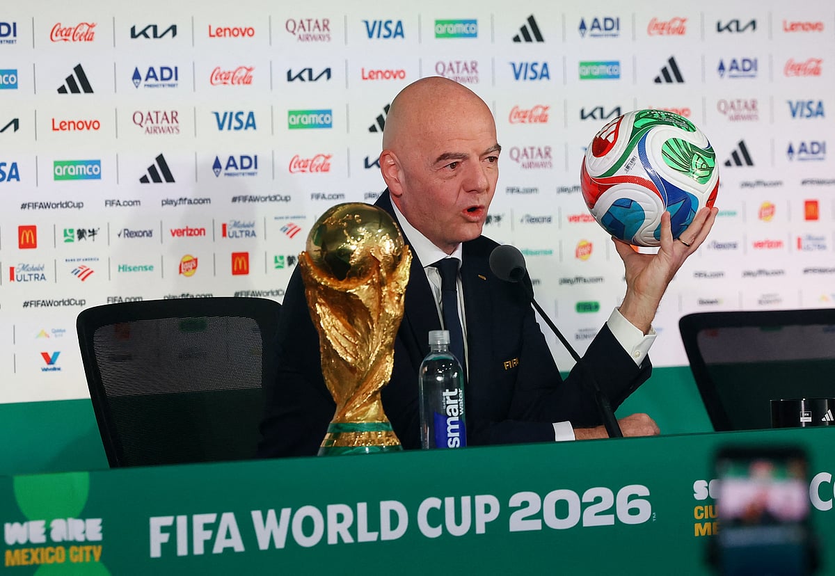 FIFA World Cup 2026 - FIFA President Gianni Infantino Press Conference - Estadio Azteca, Mexico City, Mexico - June 10, 2026 FIFA President Gianni Infantino with the FIFA World Cup trophy during the press conference