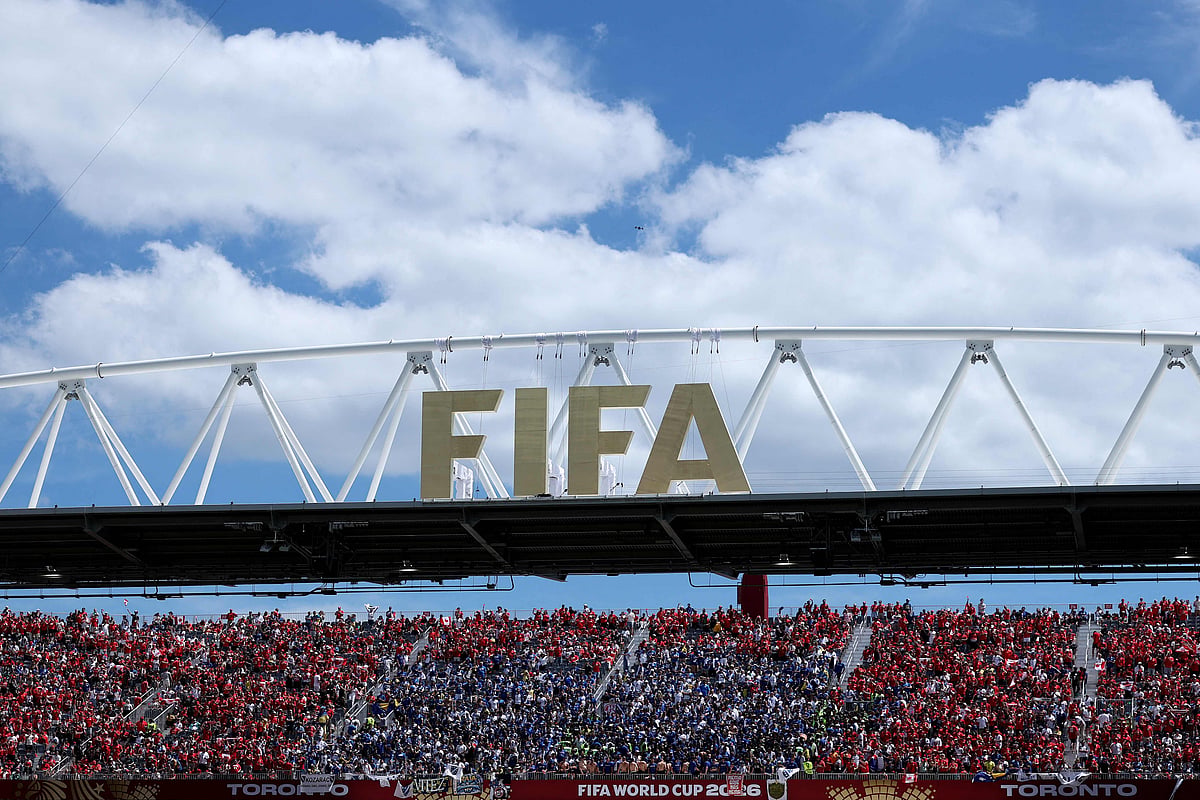 General view inside Toronto Stadium with the FIFA logo before the FIFA World Cup 2026 Group B match between Canada and Bosnia and Herzegovina on June 12, 2026 in Toronto, Ontario.