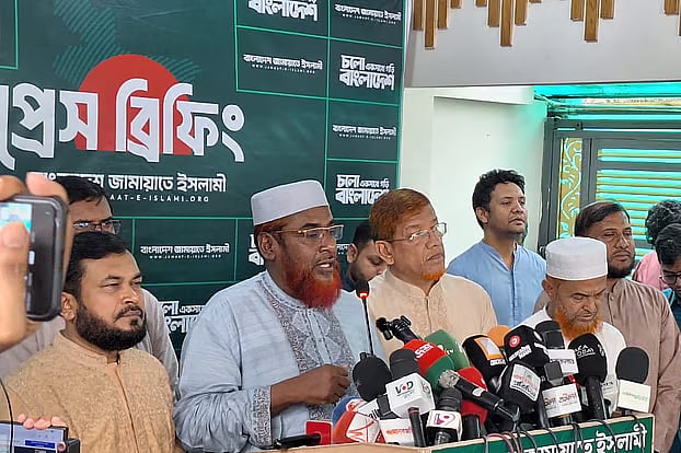 Mia Golam Parwar, Secretary General of Jamaat-e-Islami, speaking at a press conference at the party's central office in Moghbazar, Dhaka, on Friday afternoon.