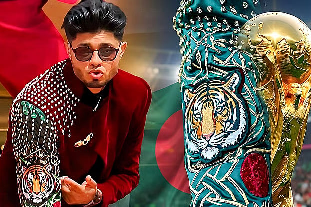 During his performance at the World Cup opening stage, Sanjoy Deb was seen pointing to the sleeve of his jacket, highlighting the special designs.