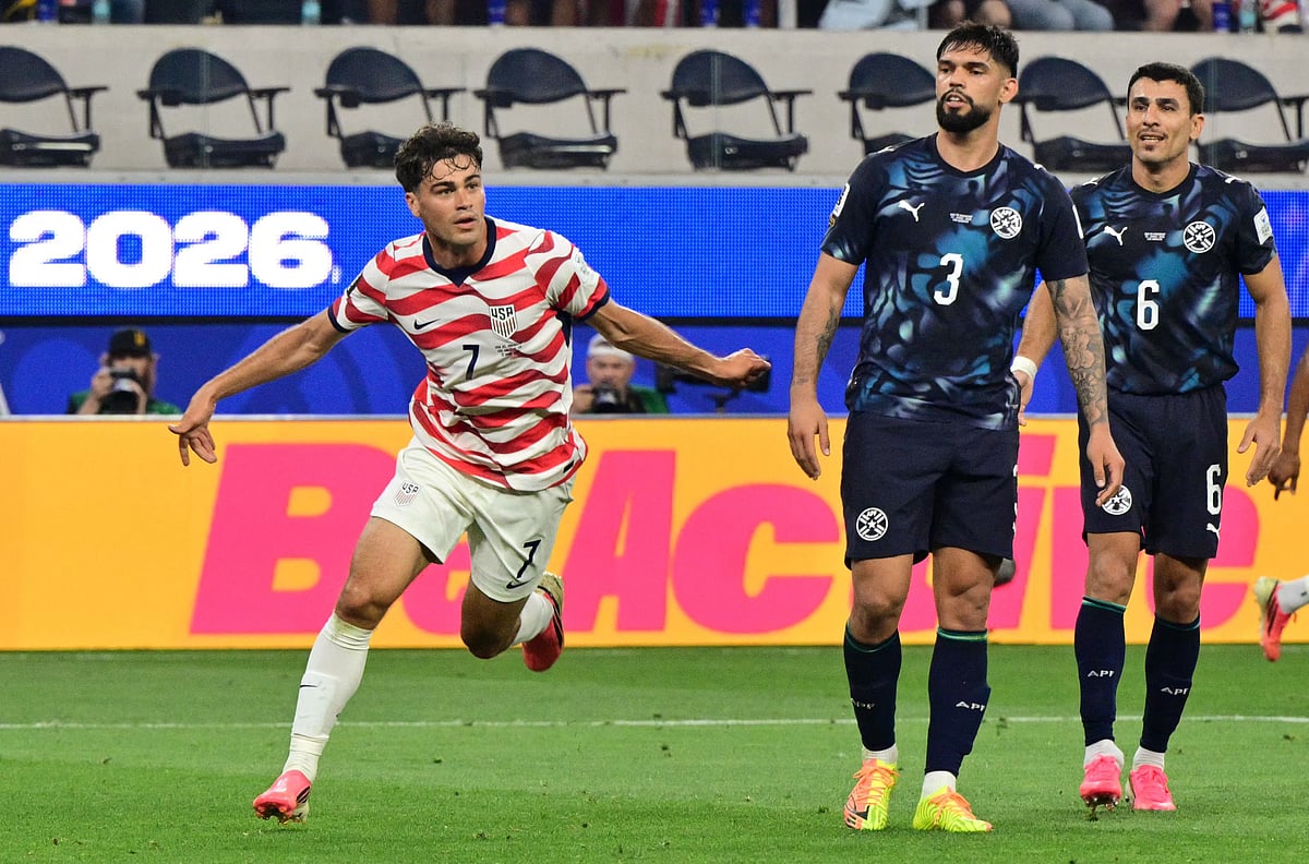 US midfielder #07 Giovanni Reyna celebrates scoring his team's fourth goal during the 2026 World Cup Group D football match between USA and Paraguay at the Los Angeles Stadium in Inglewood on 12 June, 2026.