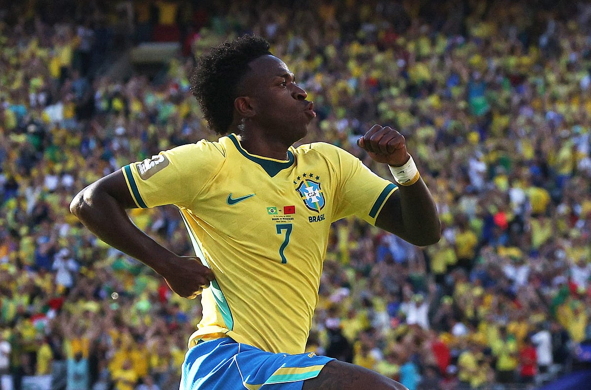 Brazil's Vinicius Junior celebrates scoring their first goal against Morocco