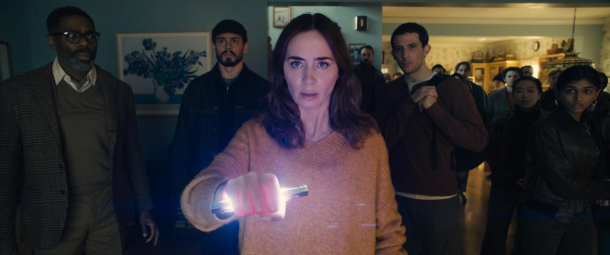 Colman Domingo, Emily Blunt, Josh O'Connor, Tommy Martinez, and Priyanka Kedia in a scene of the film 'Disclosure Day'.