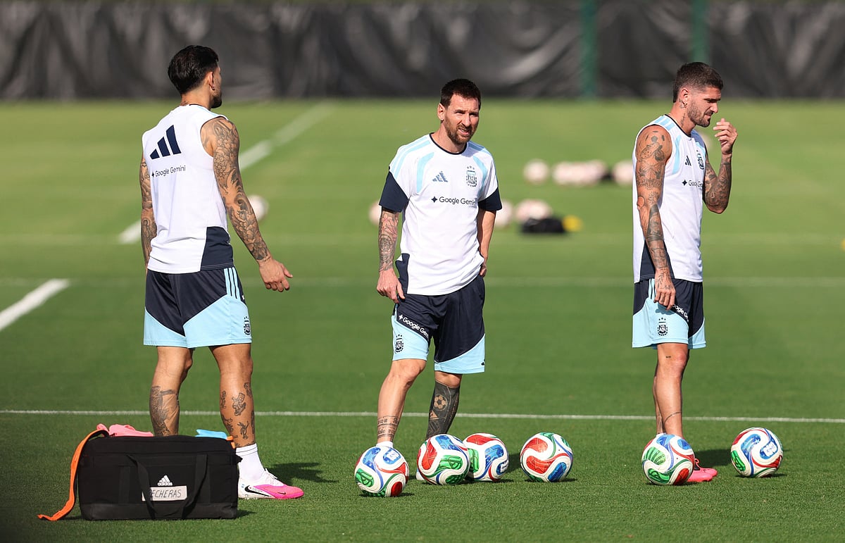 Argentina's Leandro Paredes, Lionel Messi and Rodrigo De Paul during training at Sporting KC Training Centre, Kansas City, Kansas, US, on 12 June