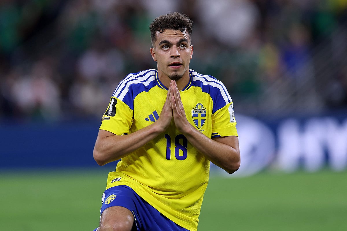 Sweden's midfielder #18 Yasin Ayari after scoring his team's first goal during the 2026 World Cup Group F football match between Sweden and Tunisia at the Monterrey Stadium in Guadalupe on 14 June 2026.