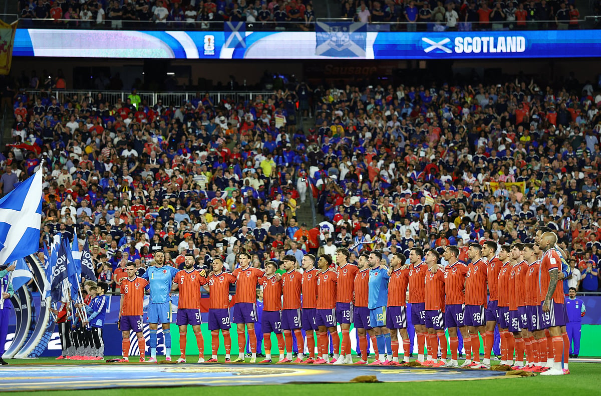Football - FIFA World Cup 2026 - Group C - Haiti v Scotland - Boston Stadium, Foxborough, Massachusetts, U.S. - June 13, 2026 Scotland players line up during the national anthems before the match