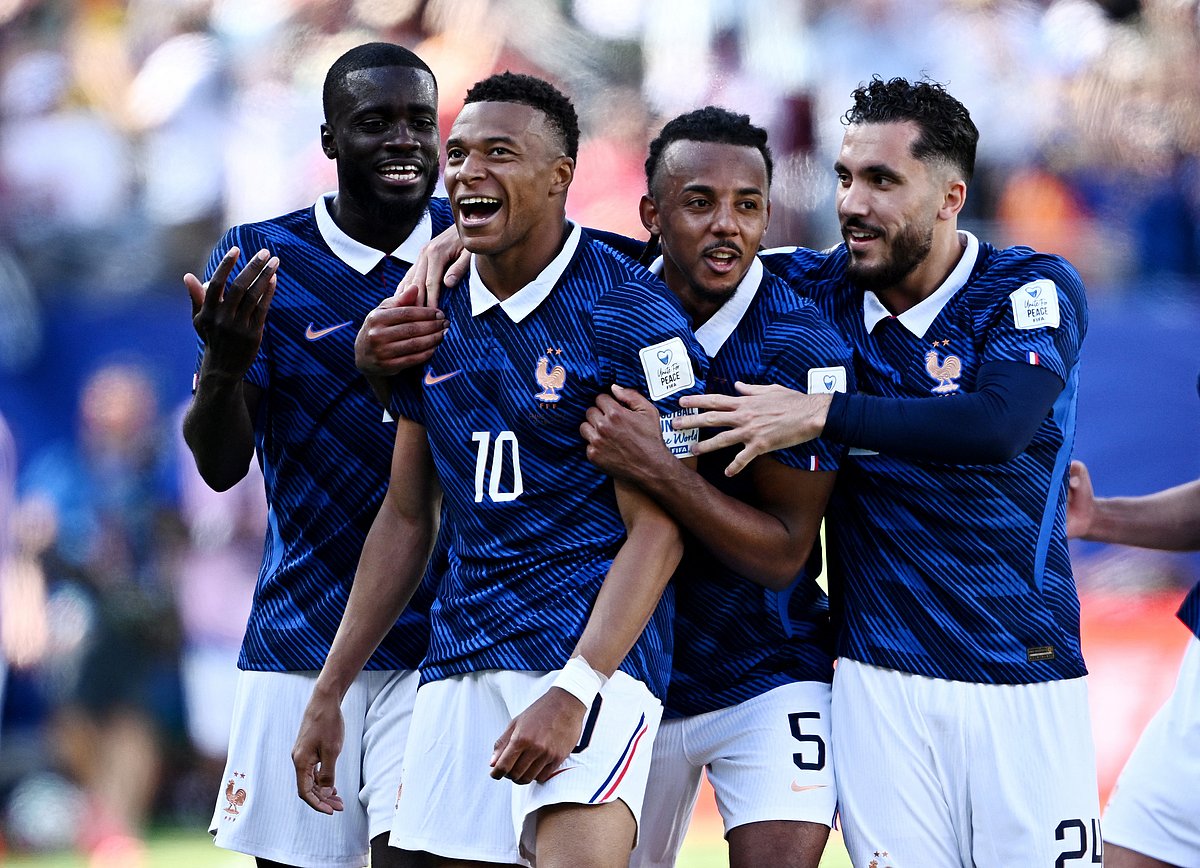 Football - FIFA World Cup 2026 - Group I - France v Senegal - New York/New Jersey Stadium, East Rutherford, New Jersey, U.S. - June 16, 2026 France's Kylian Mbappe celebrates scoring their third goal with Dayot Upamecano, Jules Kounde and Rayan Cherki