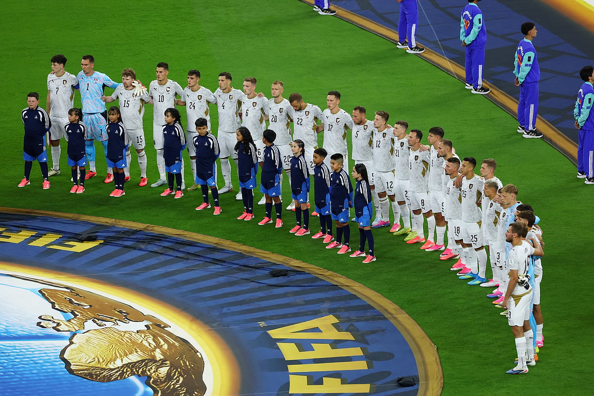 Czech Republic players line up during the national anthems