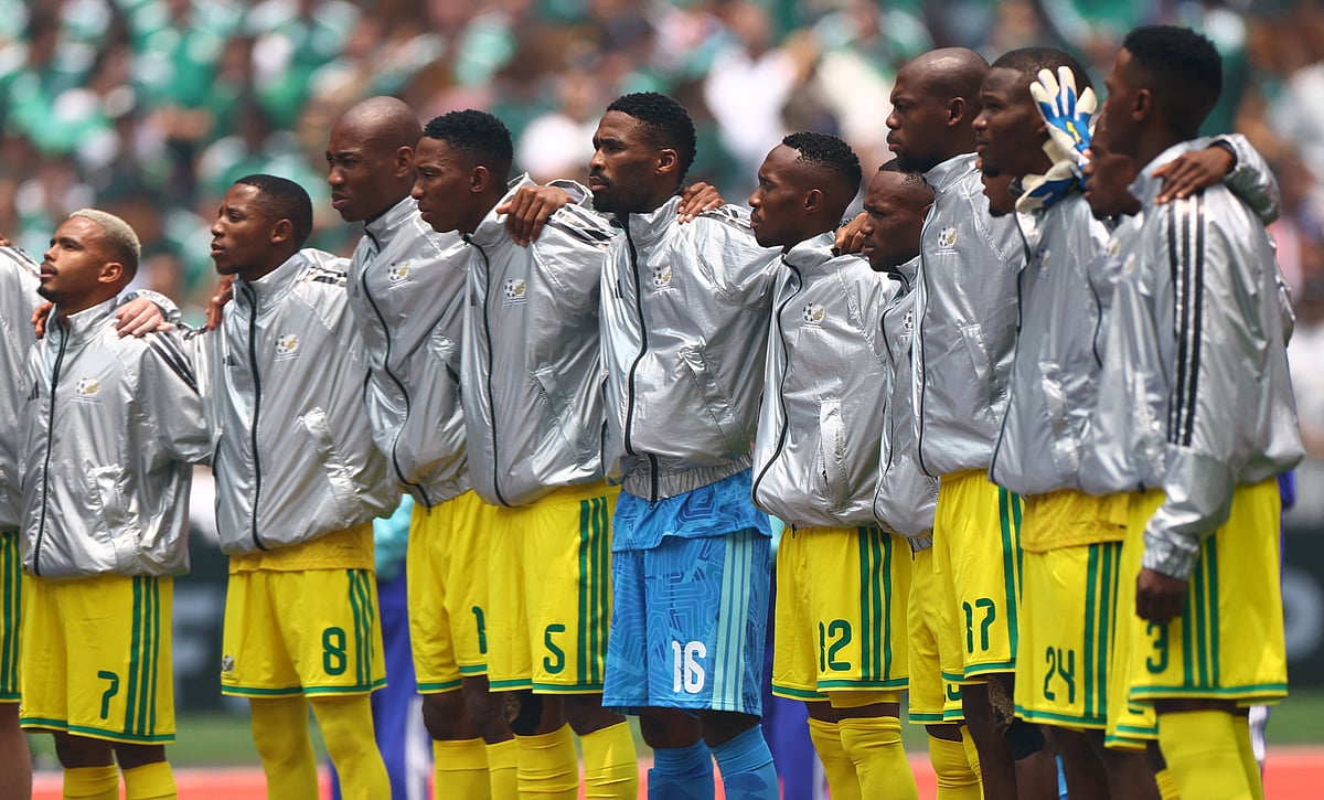 South Africa players line up during the national anthems