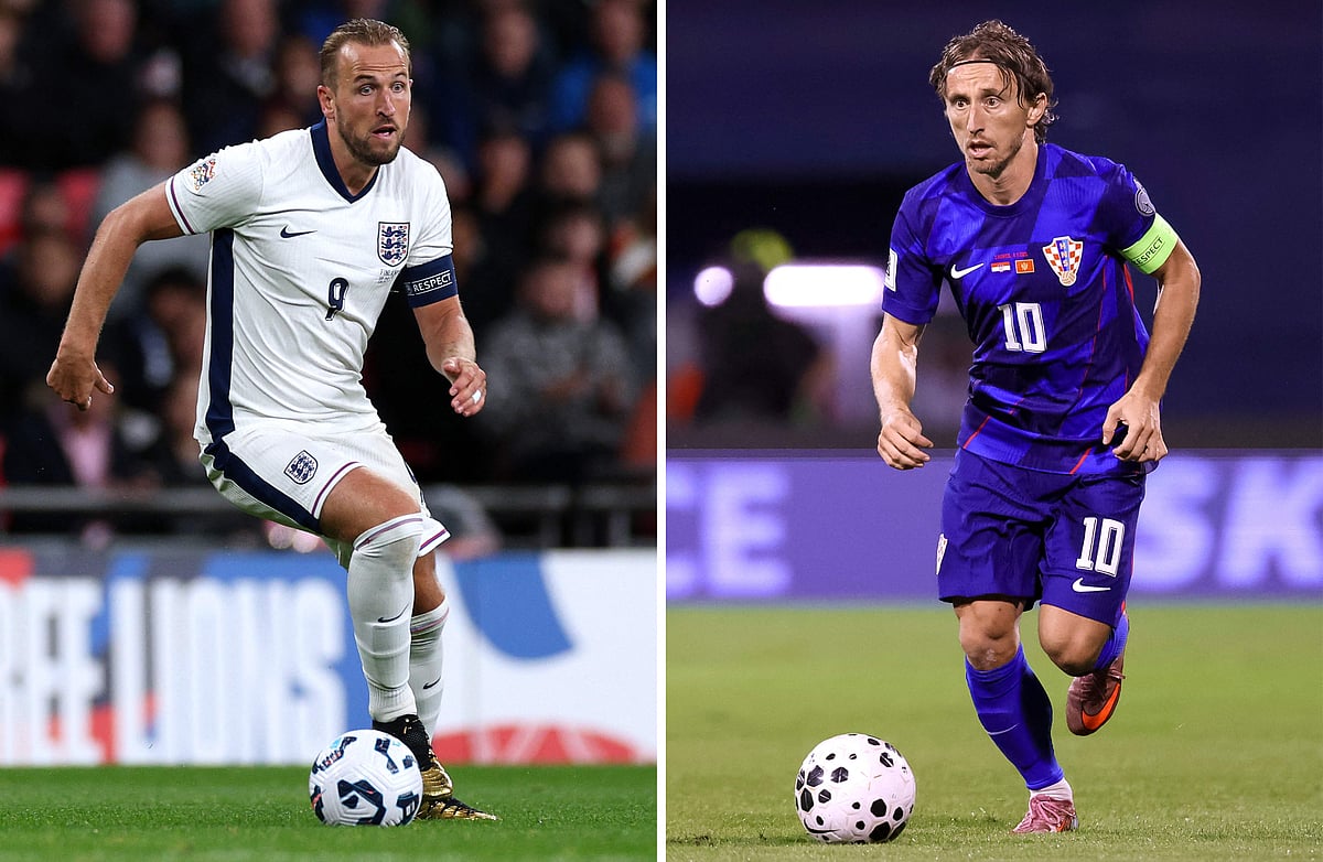 (COMBO) This combination of file photos created on June 15, 2026, shows England's striker #09 Harry Kane in London on September 10, 2024 (L); and Croatia's midfielder #10 Luka Modric in Zagreb, on September 8, 2025. England and Croatia will meet in a 2026 World Cup Group L football match at the Dallas Stadium in Arlington on June 17, 2026.