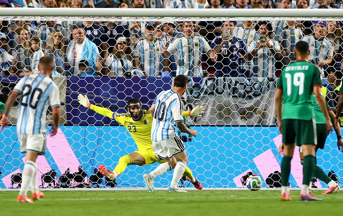 Argentina's Lionel Messi scores their second goal  against Algeria at Kansas City Stadium, Kansas City, Missouri, U.S. - June 16, 2026