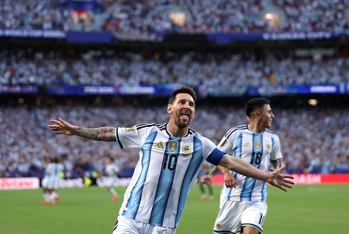 Soccer Football - FIFA World Cup 2026 - Group J - Argentina v Algeria - Kansas City Stadium, Kansas City, Missouri, U.S. - June 16, 2026
Argentina's Lionel Messi celebrates scoring their first goal REUTERS/Claudia Greco